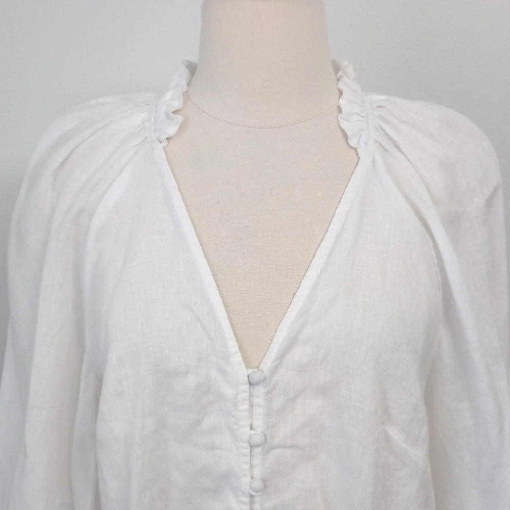 Anthropologie Maeve White Linen Audie Ruffle Puff Long Sleeve Peasant Top- Small